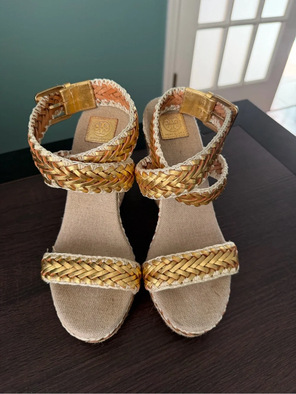 Tory Burch Metallic Gold Braided Espadrille Wedge Sandals Euro 38, US 8